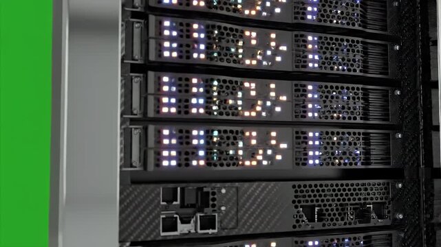 Futuristic Data Server Tower with Blinking Lights - This video showcases a high-tech data server tower featuring multiple rows of servers with intricate blinking light patterns.