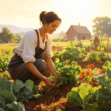 Young female farmer harvesting kale.