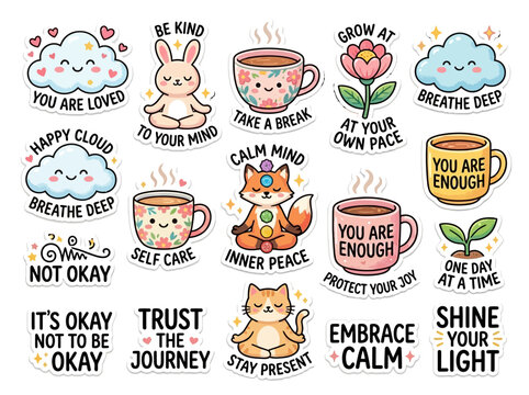 Colorful motivational phrases on stickers.