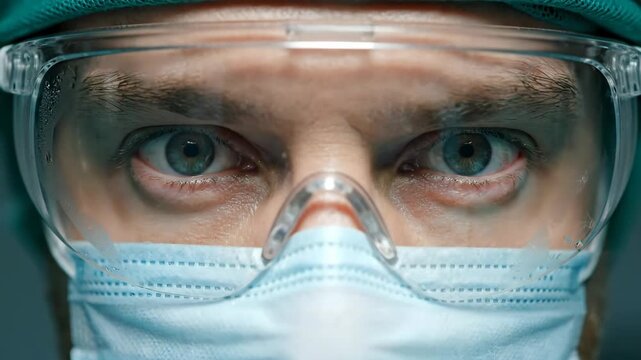 Close-up image captures a healthcare worker's eyes, protected by glasses and mask. Detail reveals emotion