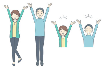 Fototapeta premium 両手を挙げて万歳し、喜ぶ若い男女のイラストセット