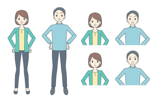腰に手を当てて仁王立ちする若い男女のイラストセット