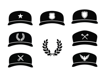 Fototapeta premium Collection of various military and police hat insignia and badges on black caps