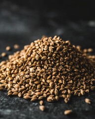 Obraz premium A close-up of a mound of coriander seeds, showcasing their earthy tones and textures against a dark background.