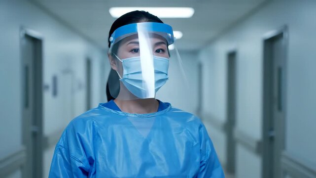 A medical professional, wearing a surgical mask and face shield, in a hospital hallway