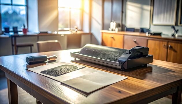 Fingerprint identification station with ink pad, roller, and card laid out for procedural evidence collection on a wooden desk