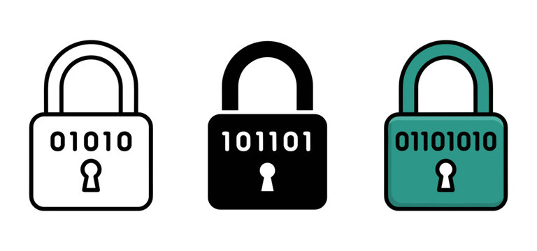 Security lock icon set with binary code outline, solid and color styles, white background