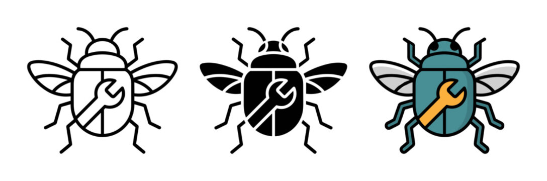 Bug fixing icon set for software development and debugging outline, solid and color styles, white background