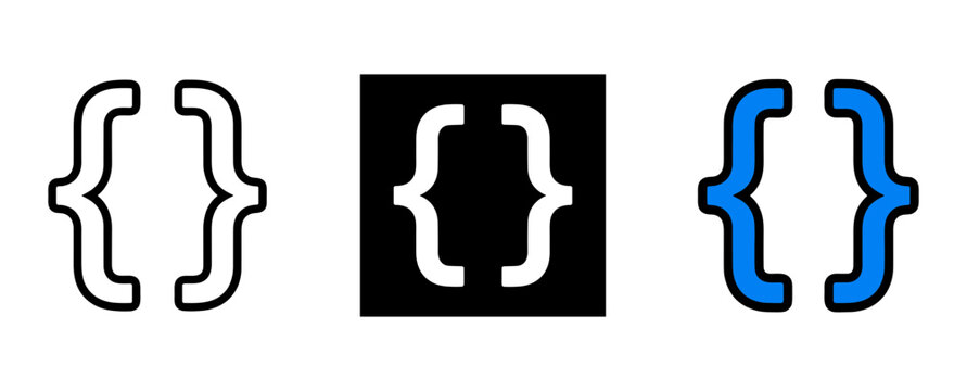 Braces icon set for programming and data structures outline, solid and color styles, white background