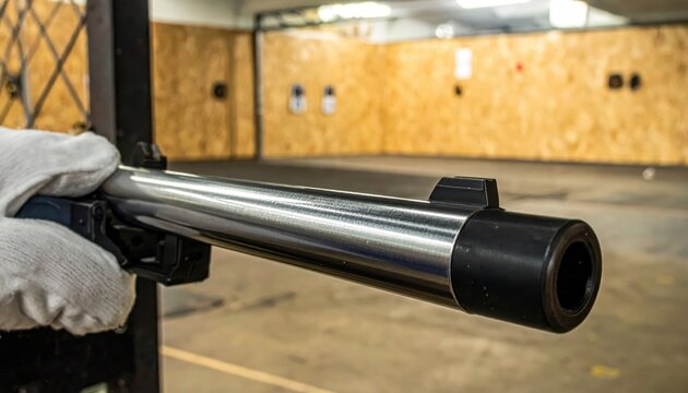 Firearm suppressor attachment being threaded onto the barrel of a pistol at a shooting range