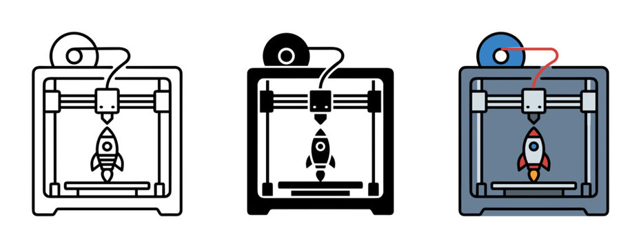 3D printer icon set for manufacturing and prototyping outline, solid and color styles, white background