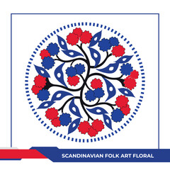 Obraz premium Scandinavian folk art floral design in blue and red circular pattern