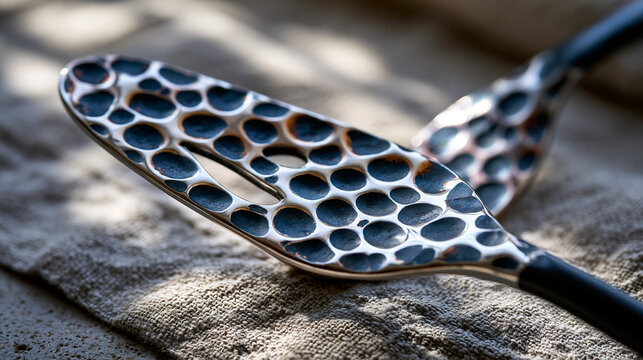 Hammered sterling flatware handle resting on raw linen, irregular planished indentations catching overhead soft diffused light, silversmith artisan craft metalwork tabletop dining utensil surface ma