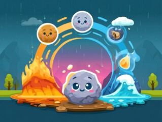 Naklejka premium Friendly rocky character transforms through the rock cycle stages of heat, pressure, and cooling in an engaging and colorful setting.