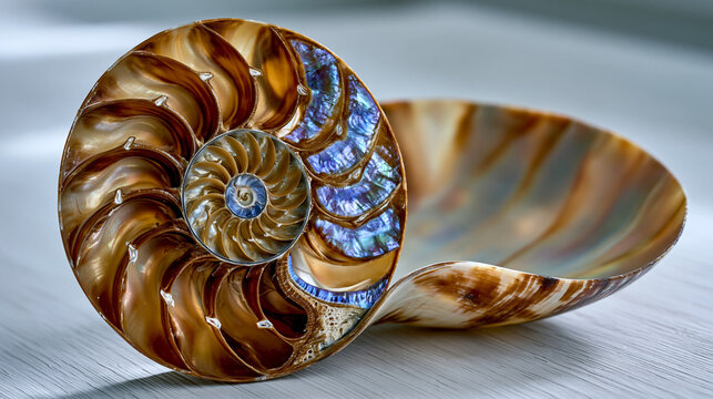 Nautilus shell cross-section interior revealed under directional studio light, Fibonacci chambered logarithmic spiral geometry progressing inward through calcified septa walls, biological architectu