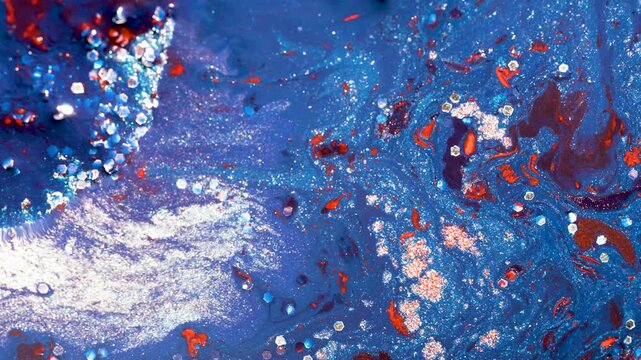 Blue Liquid Acrylic Ink with Copper Metallic Pigments Abstract Fluid Art Background. Abstract fluid art background featuring deep blue liquid acrylic ink combined with copper metallic pigments and mic