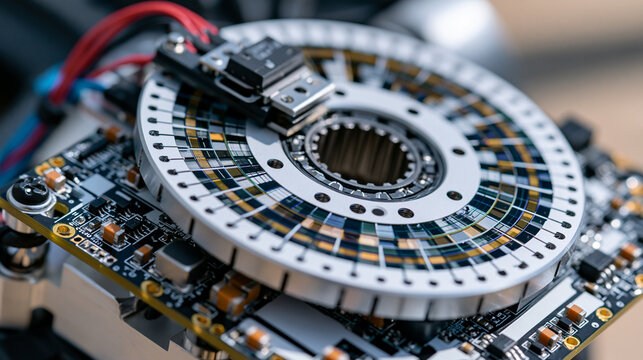 Quadrature encoder disk mounted on robot wheel hub, optical slot sensor straddling etched glass scale, aluminum spoke casting geometric shadows across PCB mounting plate, bearing race visible throug