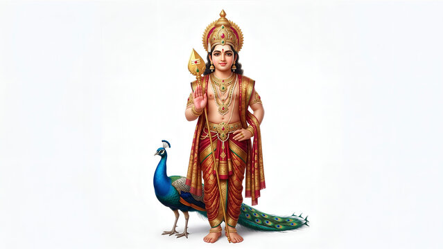 Hindu Deity Lord Murugan Standing with Peacock Companion