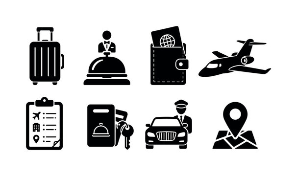 Personalized travel concierge services. Filled icon set of Personalized travel concierge services: luxury suitcase, concierge bell, passport holder, private jet, travel itinerary, hotel key card,