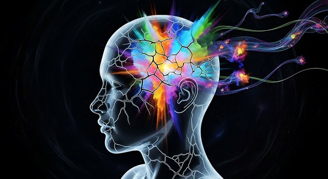 Human brain with colorful neural network visualization.