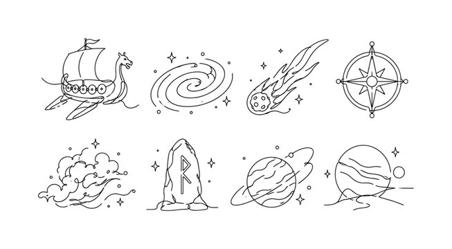 "Nordic starship drifting across the galaxy". Minimalistic set one-line drawing [space Viking longship, dragon prow, spiral galaxy, meteor trail, space compass, cosmic cloud, futuristic rune stone,