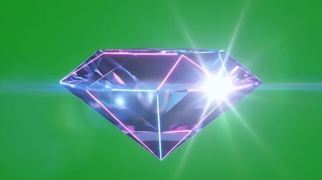 Neon Diamond Rotating on Green Screen - The video showcases a neon diamond shape with vibrant purple and blue hues, elegantly rotating against a chroma key green background.