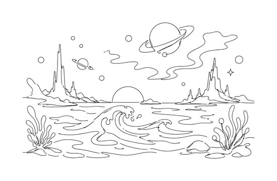 "Cosmic Tides". Minimalistic one-line drawing an alien ocean beneath a purple sky with strange waves and distant planets on the horizon, continuous single black line on white background, simple