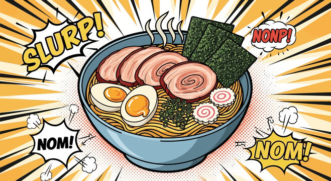 Delicious ramen bowl illustration with pork eggs and seaweed in comic style