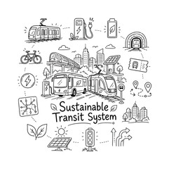 Naklejka premium Sustainable Transit System. Hand-drawn doodle illustration of Sustainable Transit System. In the middle, one slightly larger central doodle drawing (modern electric transit network in an urban area)