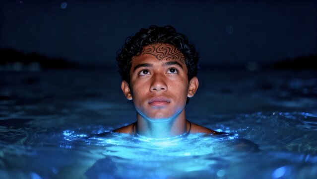 Awestruck young Maori man illuminated by blue bioluminescent ocean water glow in unique night frontal portrait.