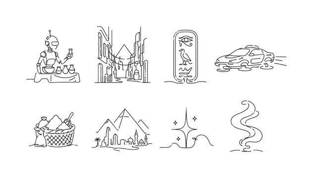 "Cyberpunk bazaar beneath the pyramids". Minimalistic set one-line drawing [street vendor robot, futuristic Cairo alley, neon hieroglyph, flying taxi, spice basket, desert skyline, glowing star,
