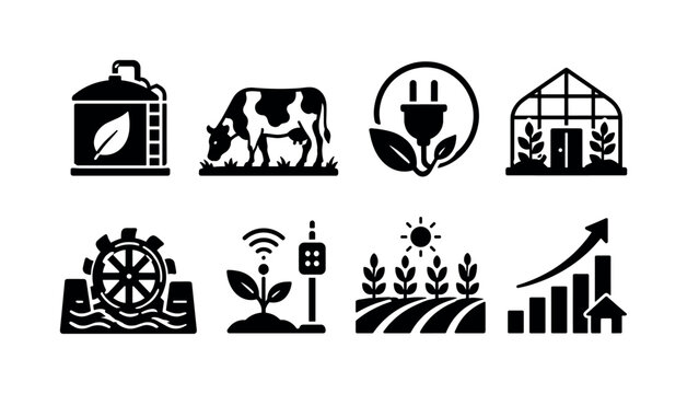 Sustainable agricultural energy. Filled icon set of Sustainable agricultural energy: biofuel tank, grazing cow, renewable power plug, greenhouse, water turbine, smart farming sensor, crop field,