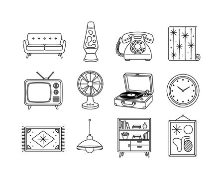 Retro home decor. Line outline icon set of Retro home decor: mid-century sofa, lava lamp, rotary phone, patterned wallpaper, retro television, standing fan, record player, wall clock, decorative rug,