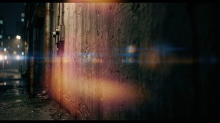 Naklejka premium Moody urban alleyway at night with wet pavement and colorful light reflections
