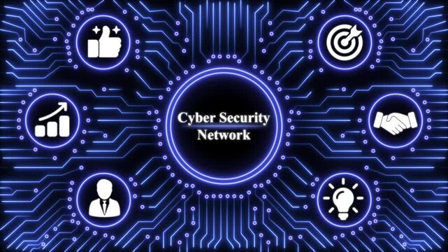 Cyber security network concept featuring glowing blue circuitry lines and circular on a dark background