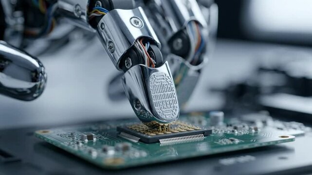 Robotic arm precisely placing microchip on circuit board