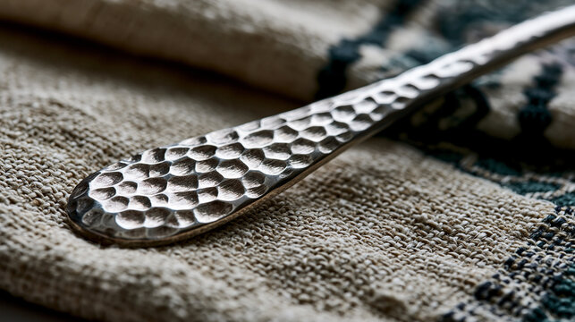 Hammered sterling flatware handle resting on raw linen, irregular planished indentations catching overhead soft diffused light, silversmith artisan craft metalwork tabletop dining utensil surface ma