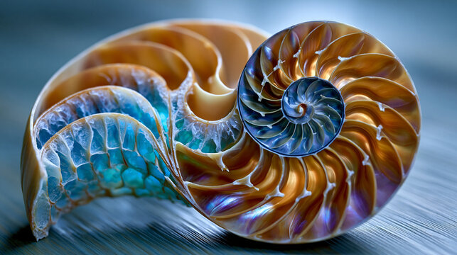 Nautilus shell cross-section interior revealed under directional studio light, Fibonacci chambered logarithmic spiral geometry progressing inward through calcified septa walls, biological architectu