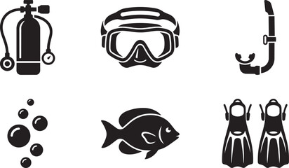 Scuba Diving and Snorkeling Equipment Icons Set. © Joy