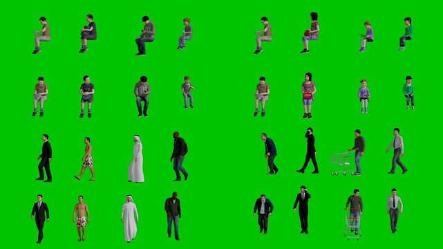 3D animated cartoon animation featuring people walking shopping carrying items on clean green screen chromakey background. Excellent for lifestyle motion graphics visual effects compositing and dynami
