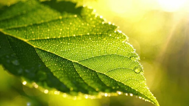 Green leaf with dew drops in morning sunlight