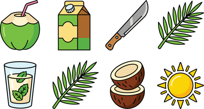 Coconut Water and Tropical Beverage Vector Icon Set Featuring Fresh Green Coconut, Milk Carton, Machete Knife, Palm Leaves, Glass Drink, and Sun Symbols