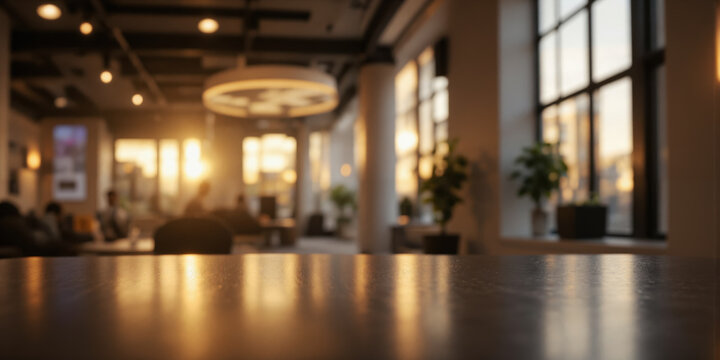 Warm Lights Blurred Office Interior Background A softly blurred image of a modern office interior illuminated by warm, inviting overhead