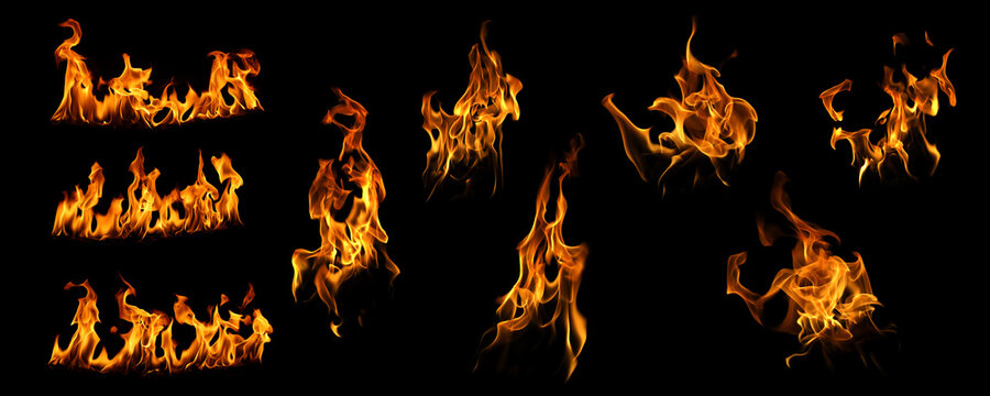 Collection of realistic fire flames isolated on a black background. Various blaze shapes and hot fire bursts for motion graphics, visual effects, compositing, energy, and abstract heat design elements