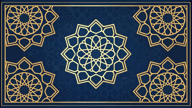 Elegant gold mandalas on dark blue background with intricate patterns and designs