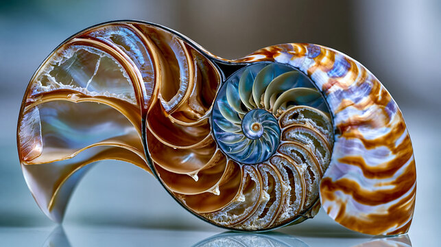 Nautilus shell cross-section interior revealed under directional studio light, Fibonacci chambered logarithmic spiral geometry progressing inward through calcified septa walls, biological architectu