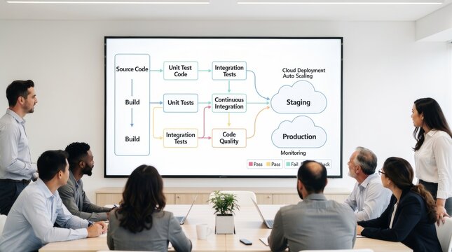 Software development process workflow diagram on screen