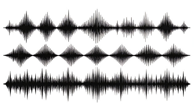Three black and white sound wave patterns, audio equalizer graphics, abstract music visualization, digital signal representation