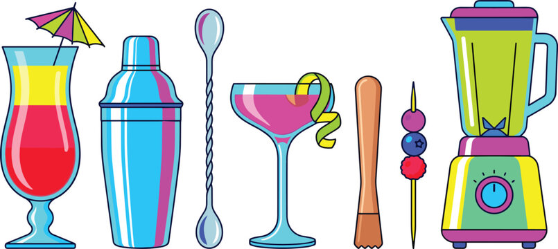 Tropical Cocktail Bartending and Mixology Vector Icon Set Featuring Hurricane Glass, Shaker, Bar Spoon, Margarita Coupe, Muddler, Garnish Skewer, and Electric Blender