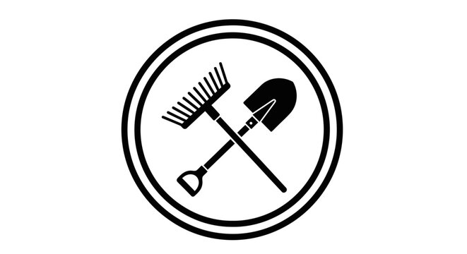 Garden tools logo with rake shovel.